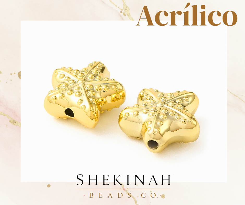 Bead acrílico dorado en forma de estrella de mar con detalles en relieve para bisutería de verano.