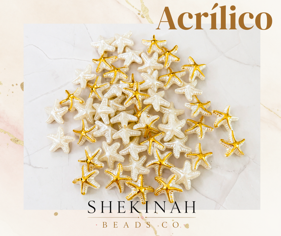 Beads en forma de estrella de mar blanco perlado y dorado para bisutería de verano.