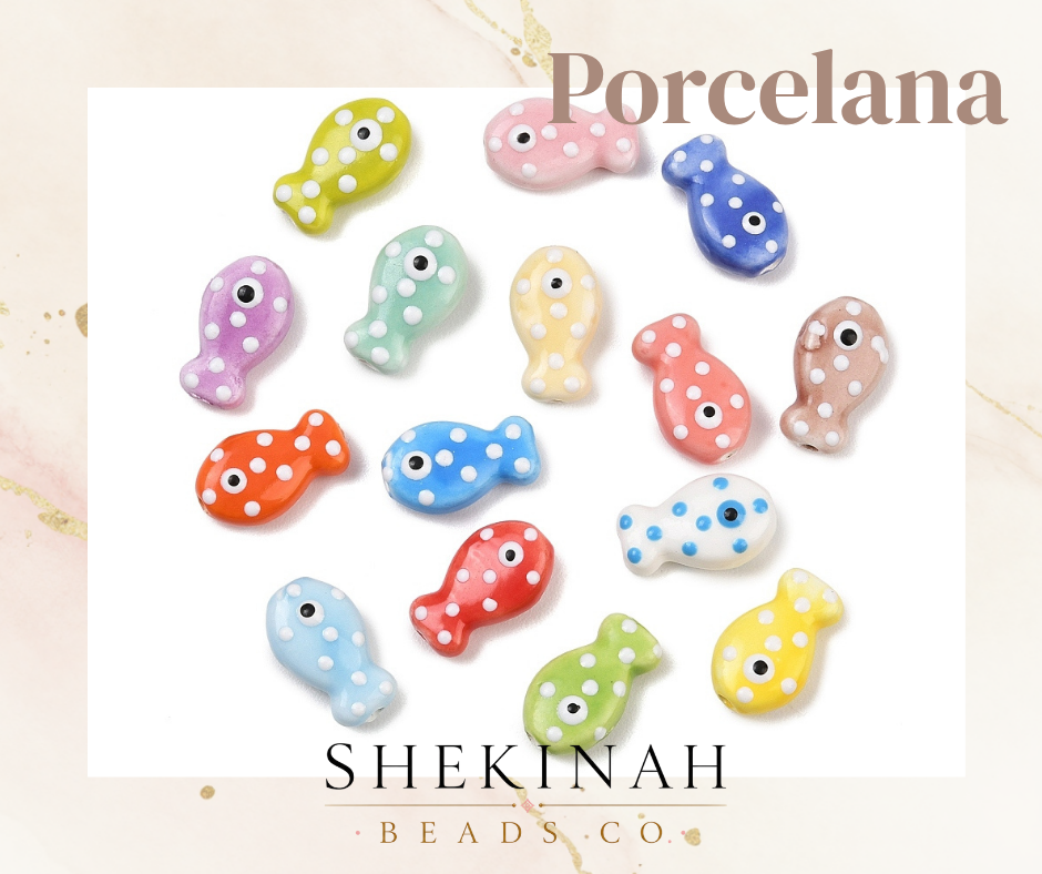 Beads de porcelana estilo pez con puntos blancos para bisutería