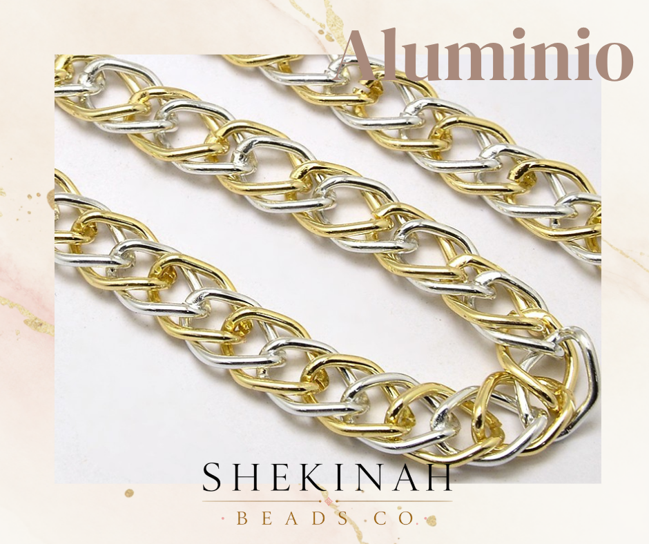 Two gold and silver chain necklaces on a light background with 'Aluminio' and 'Shekinah Beads Co.' text.