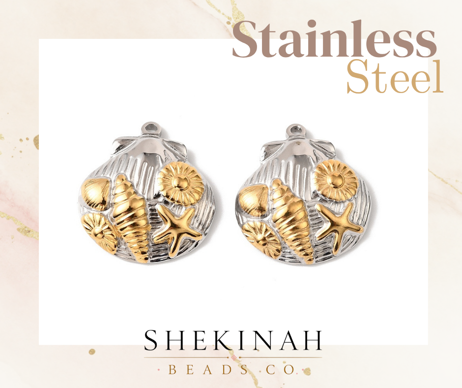 Charm concha marina bicolor dorado y plateado estilo stainless steel para bisutería