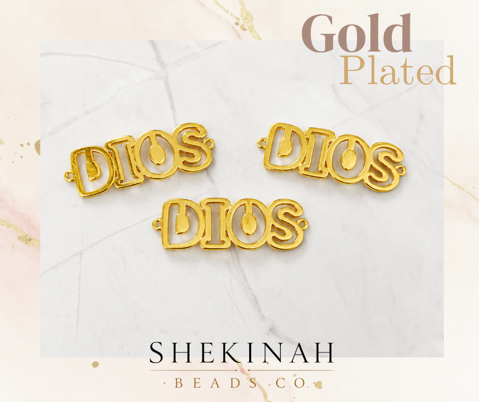 Conector dorado con la palabra Dios para pulseras, collares y bisutería cristiana.