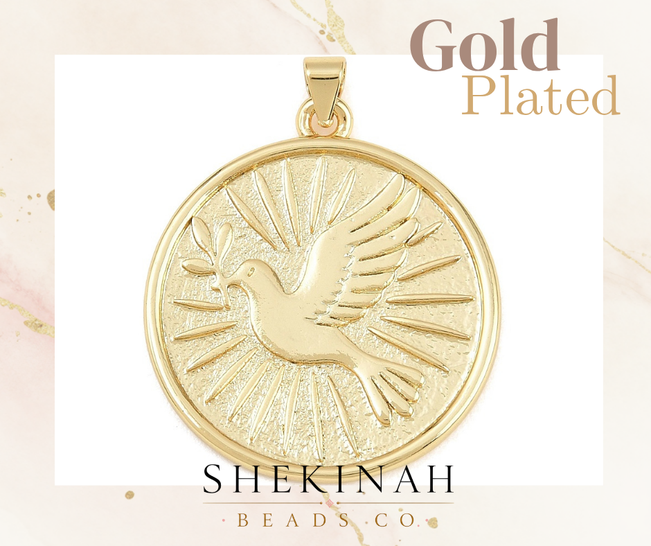 Dije dorado redondo con paloma del Espíritu Santo para bisutería cristiana.