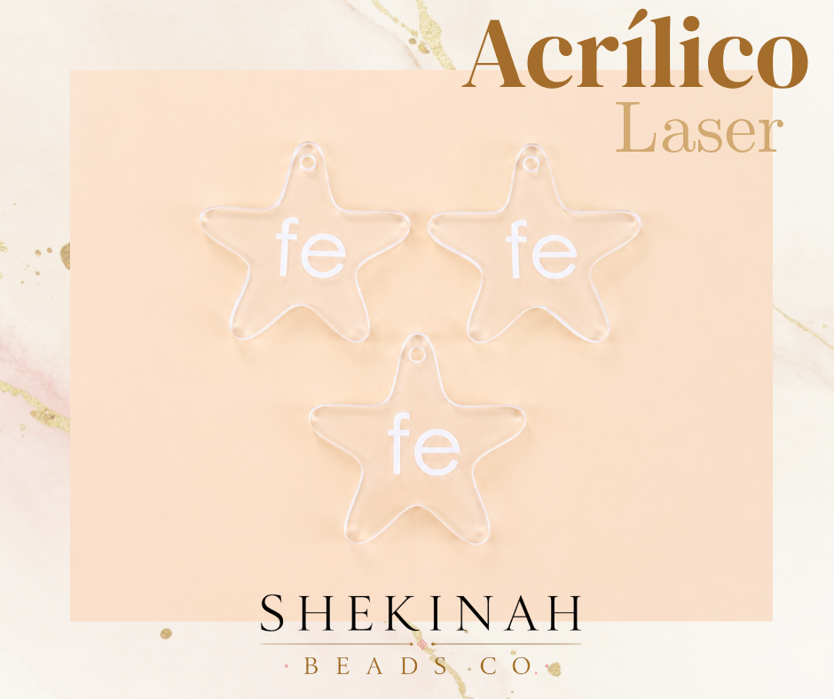 Dije transparente en forma de estrella con palabra fe en blanco para bisutería cristiana.