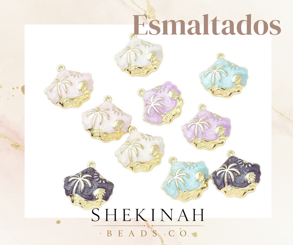 Colorful jewelry charms with palm tree designs on a white background, branded as SHEKINAH BEADS CO.