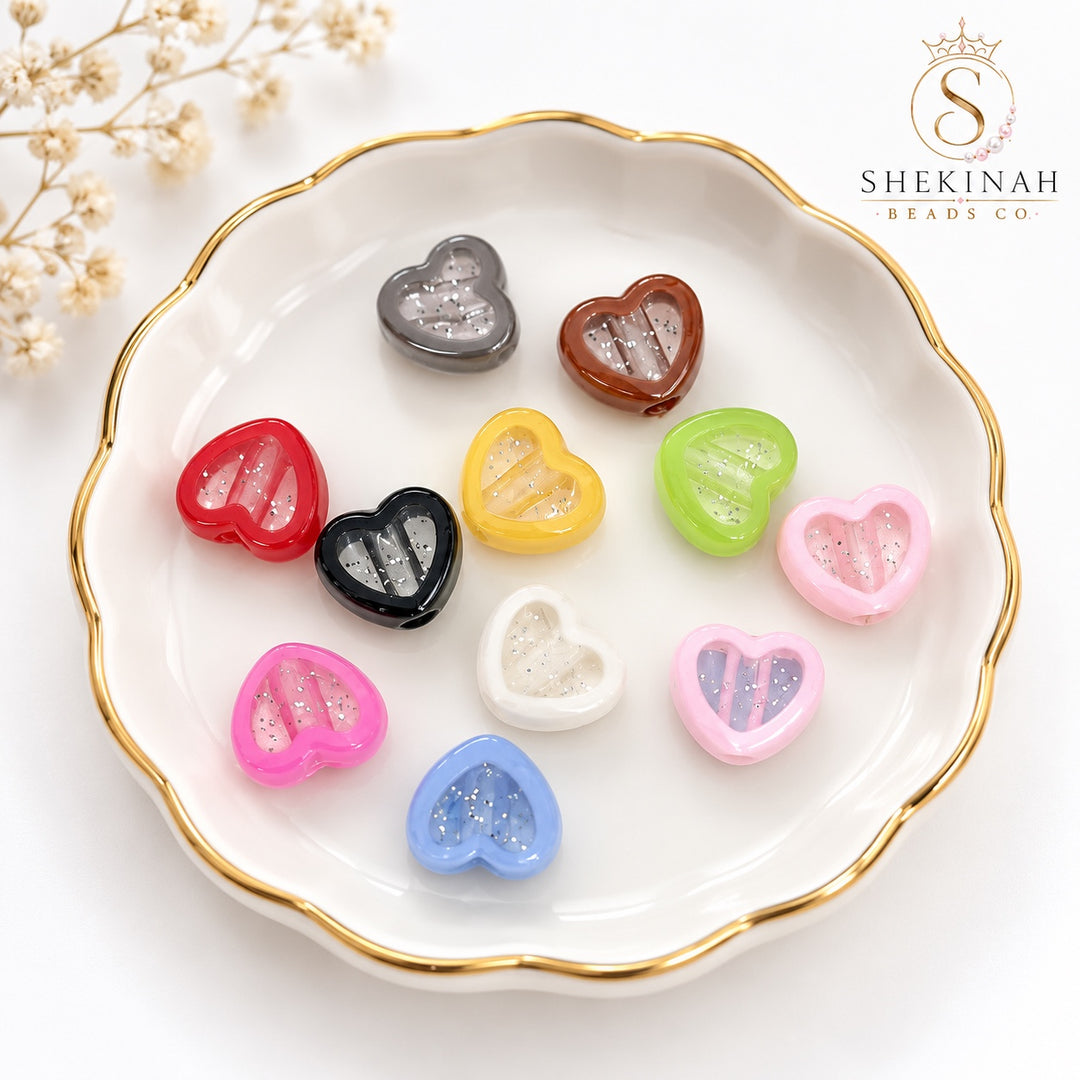Acrylic Heart Beads con glitter en colores mixtos, paquete de 10 piezas, Shekinah Beads Co.