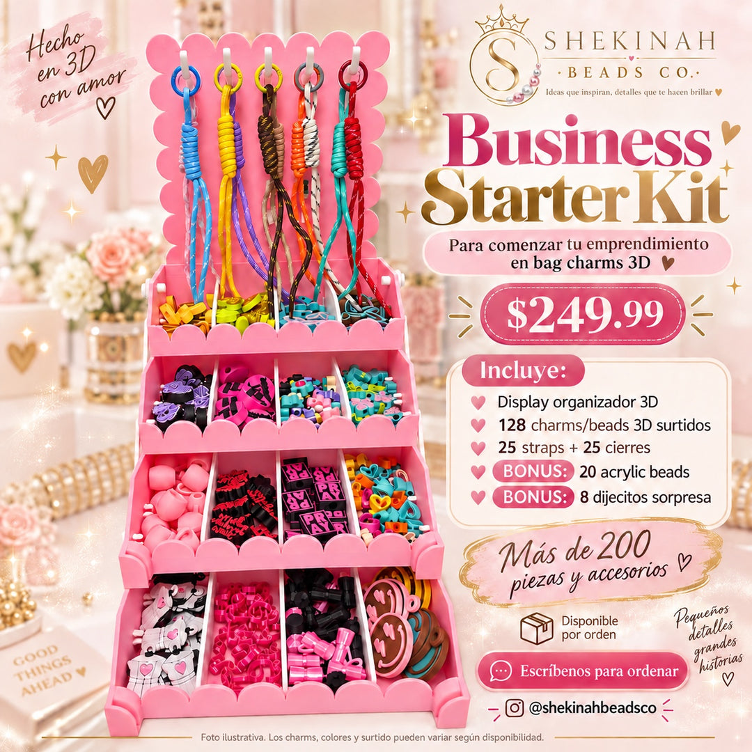 Business Starter Kit para comenzar emprendimiento de bag charms 3D con display organizador y más de 200 piezas y accesorios