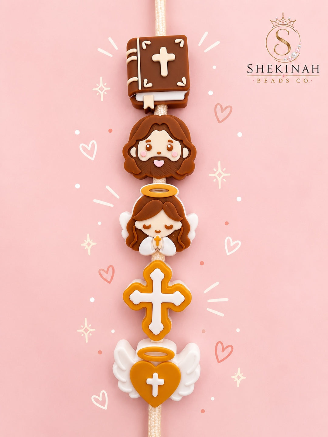 Colección de chunky beads cristianos 3D con Biblia, Jesús, angelito, cruz y corazón con alas