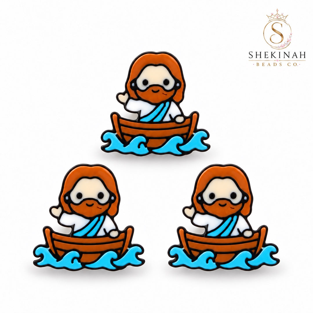 Chunky bead cristiano 3D de Jesús en la barca sobre las olas, 20 x 20 mm, hueco 4 mm