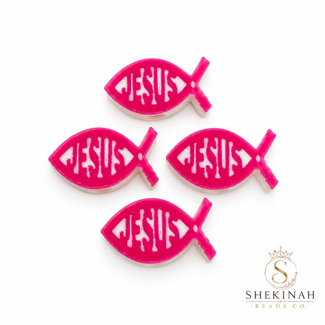 Bead charm pez Jesús rosa fucsia y blanco, 28 mm, hueco 4 mm
