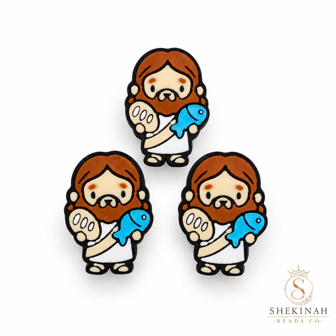 Jesús con pan y pez azul, chunky bead 3D de la multiplicación de panes y peces, 28 x 20 mm y hueco 4.5 mm