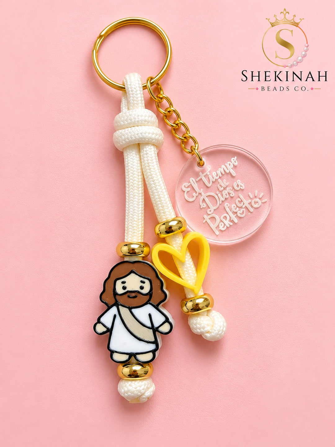 Llavero El Tiempo de Dios es Perfecto con Mini Jesús, corazón y dije acrílico de fe