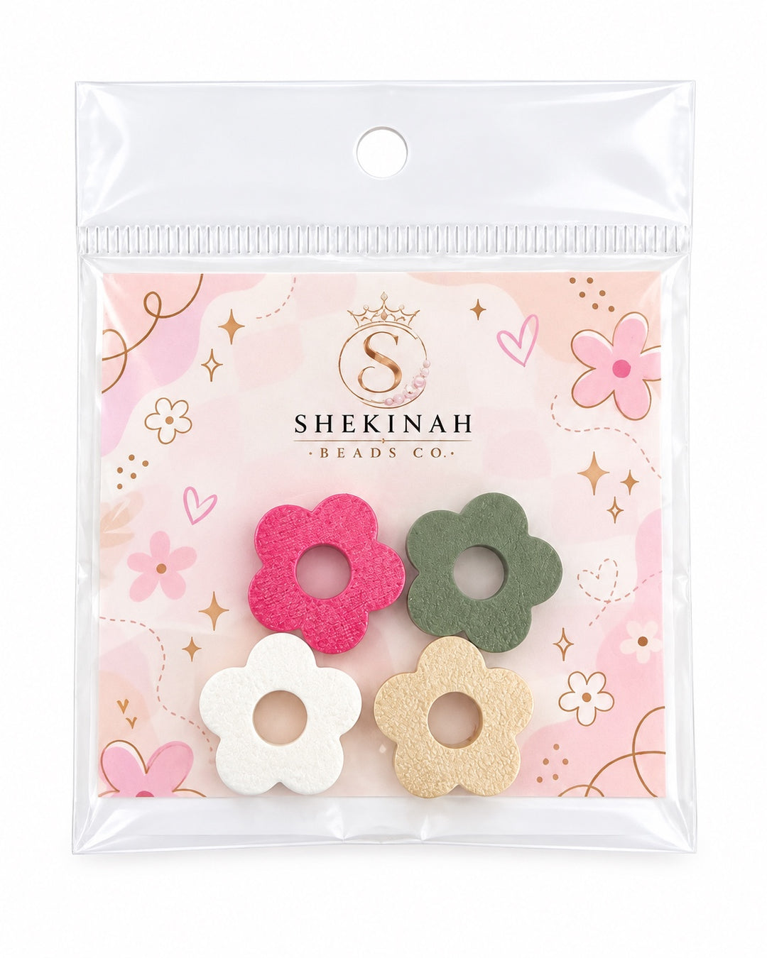 Paquete de 4 flores 3D surtidas en rosa, verde, blanco y beige de Shekinah Beads Co.